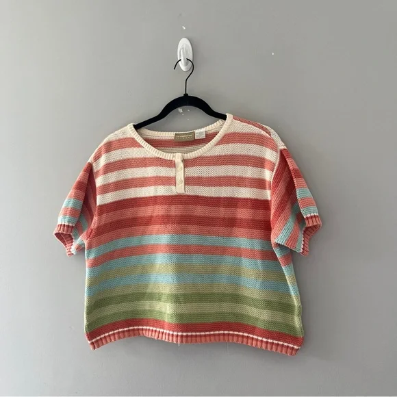 Vintage Liz Claiborne Striped Short Sleeve Sweater Henley Cropped Size Large L - Picture 2 of 6